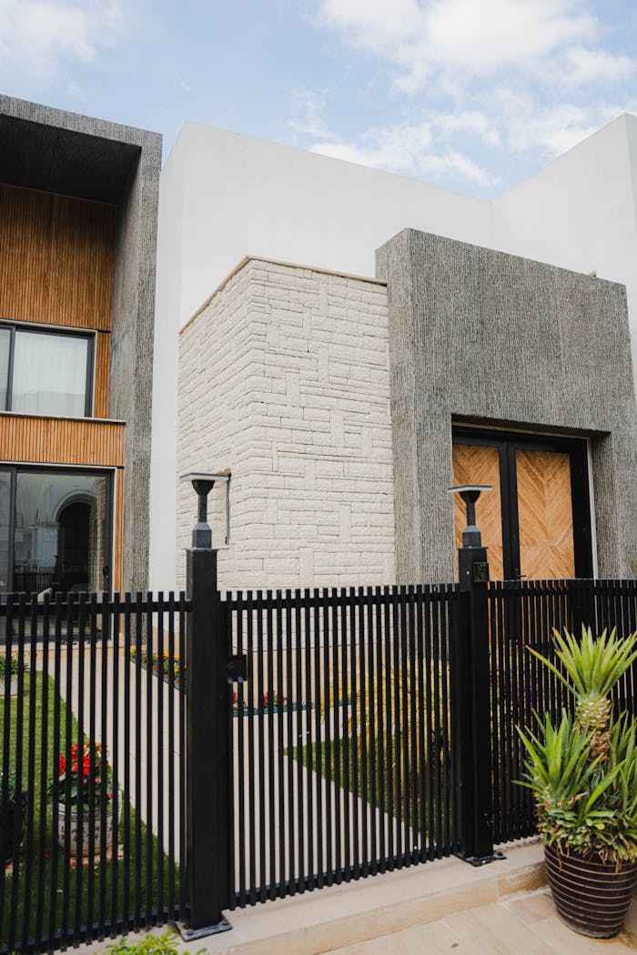 Modern architectural design of a house exterior in Erbil, Iraq with elegant materials.